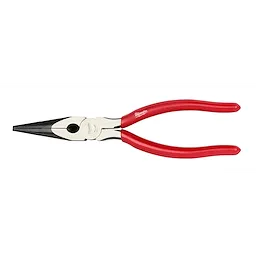 8" Long Nose Pliers with red handles and a metal body. The pliers have a pointed, narrow jaw for precision tasks. The handles are designed for a comfortable grip.