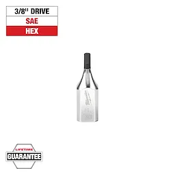 The image shows a Milwaukee 3/8" drive SAE hex bit socket. It features a polished chrome finish. Labels in the image include "3/8" Drive," "SAE," and "Hex" at the top, and "Lifetime Guarantee" at the bottom.
