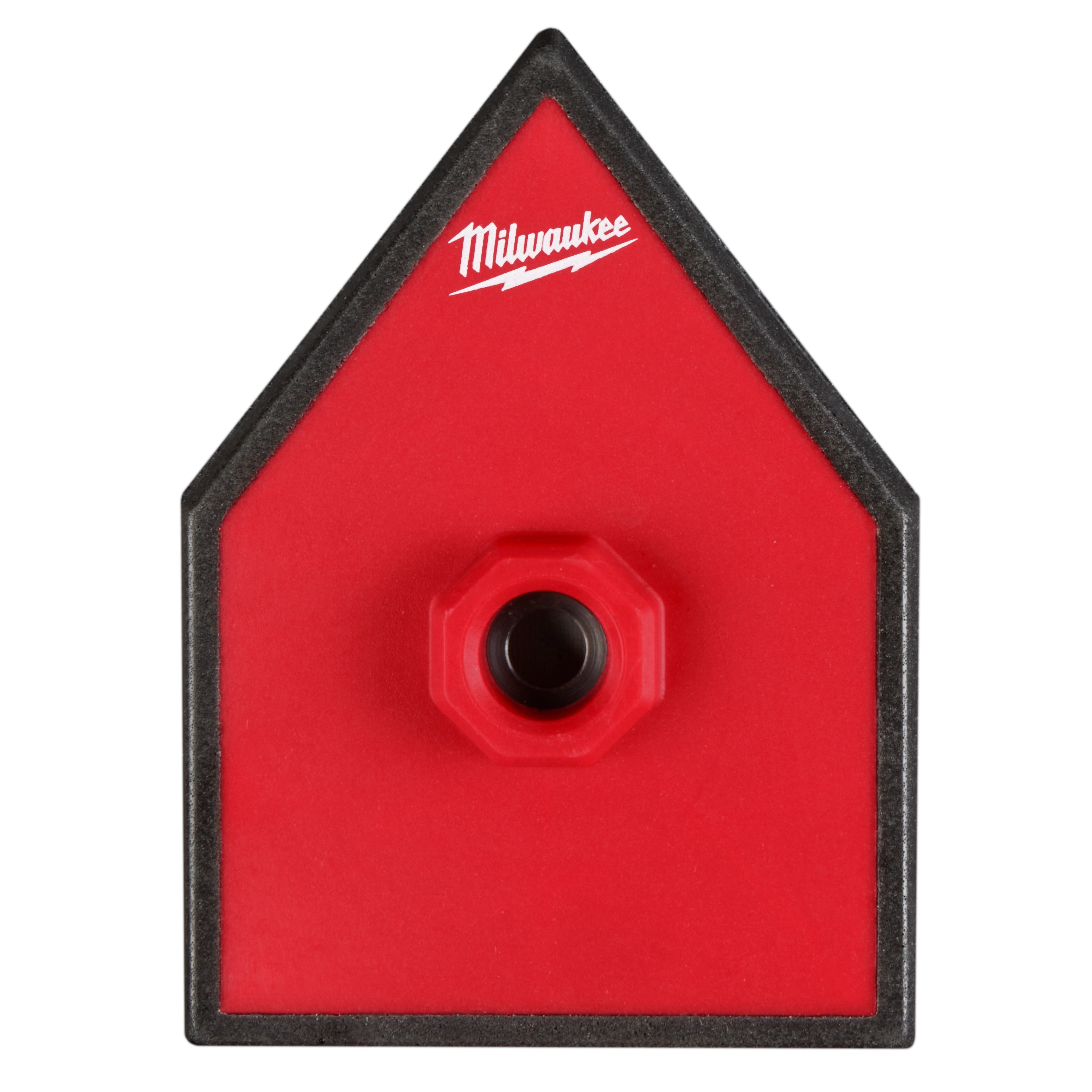 Red, triangular replacement pad for M12 FUEL Orbital Detail Sander, featuring a centered attachment hole and a black border.