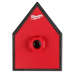 Red, triangular replacement pad for M12 FUEL Orbital Detail Sander, featuring a centered attachment hole and a black border.