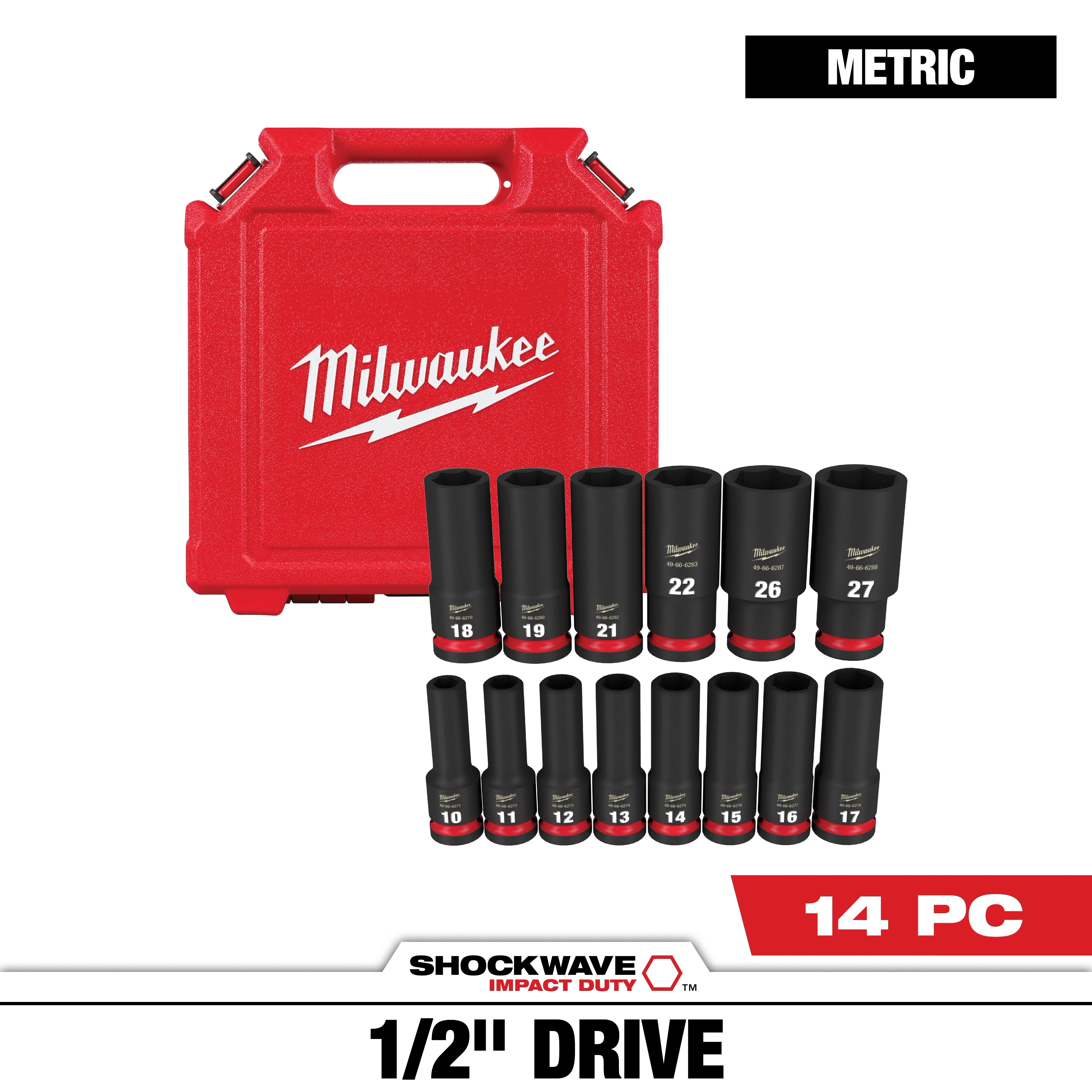 Milwaukee Shockwave Impact Duty 1/2" Drive Metric Socket Set includes 14 pieces of varying sizes, from 10mm to 27mm, accompanied by a durable red carrying case. The case features the Milwaukee logo in white text with a lightning bolt underneath.
