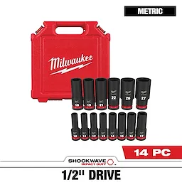 Milwaukee Shockwave Impact Duty 1/2" Drive Metric Socket Set includes 14 pieces of varying sizes, from 10mm to 27mm, accompanied by a durable red carrying case. The case features the Milwaukee logo in white text with a lightning bolt underneath.