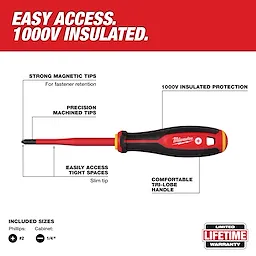 2pc 1000V Insulated Slim Tip Screwdriver Set features magnetic precision tips, a comfortable tri-lobe handle, and 1000V insulation.