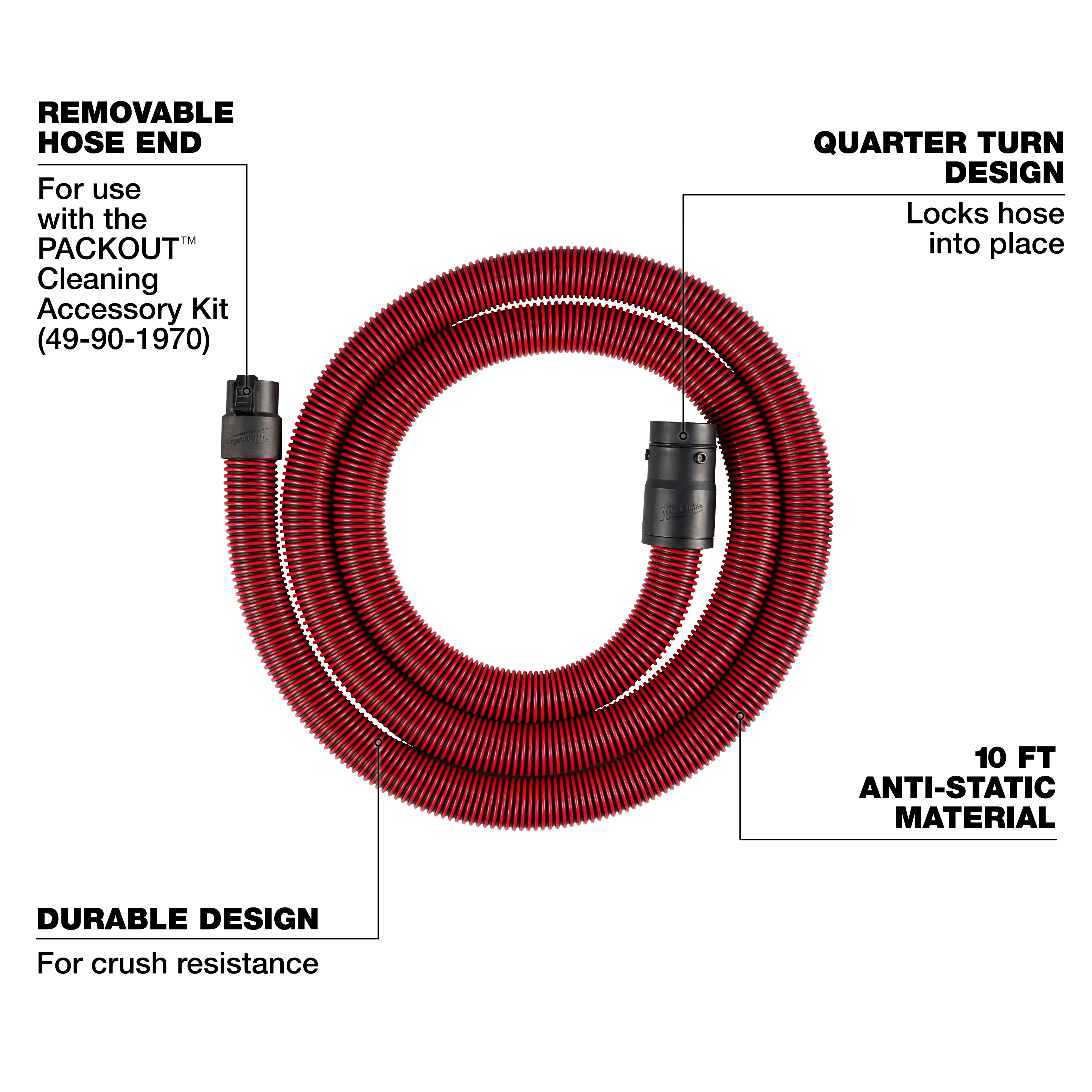 The image shows a coiled red 10%27 Accessory Hose with labels highlighting its features, including a removable hose end, quarter turn design, durable design, and 10 FT anti-static material. The hose is compatible with the PACKOUT Cleaning Accessory Kit.