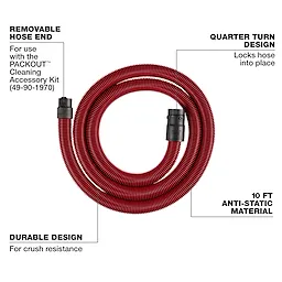The image shows a coiled red 10%27 Accessory Hose with labels highlighting its features, including a removable hose end, quarter turn design, durable design, and 10 FT anti-static material. The hose is compatible with the PACKOUT Cleaning Accessory Kit.