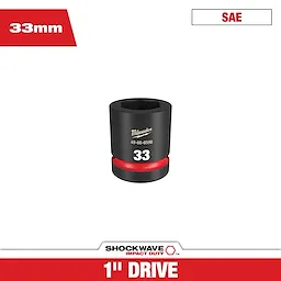 The SHOCKWAVE 1 in. Drive 33 mm. Standard Impact Socket features a black finish with a red ring near the base. It is marked with "33" and includes Milwaukee branding and product number 49-66-6598. The top left corner indicates its size as 33 mm, and it is labeled SAE.