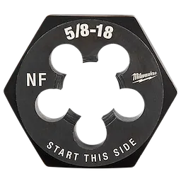 The 5/8"-18 NF 1-7/16" Hex Threading Die is a tool designed for threading 5/8-inch bolts with an 18 threads-per-inch pitch. It features an inscription indicating the starting side and is black with white markings for easy identification.