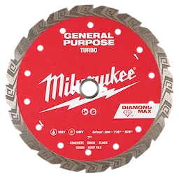 7" Diamond Max Turbo General Purpose Diamond Blade with red center, Milwaukee logo, designed for cutting concrete, brick, block, stone, and roof tile.