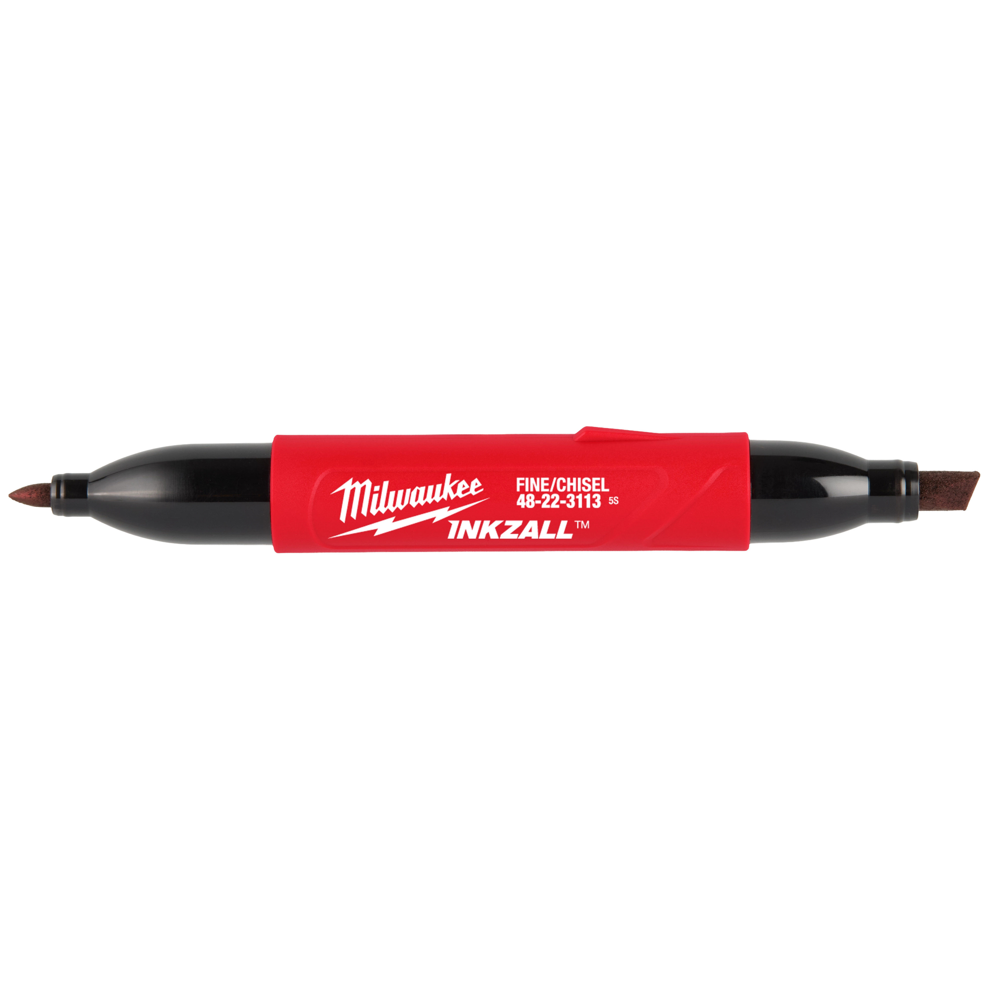 The INKZALL™ Double Sided Black Jobsite Marker – Fine Point & Chisel Tip features a red casing with the brand name in white. It has a black fine point tip on one end and a chisel tip on the other for versatile marking options.