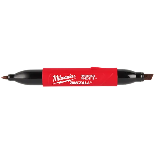 The INKZALL™ Double Sided Black Jobsite Marker – Fine Point & Chisel Tip features a red casing with the brand name in white. It has a black fine point tip on one end and a chisel tip on the other for versatile marking options.