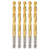 Five Red Helix Titanium Impact Drill Bits are aligned vertically. Each bit has a gold-colored titanium coating and a silver, hexagonal base for secure attachment to a drill. These bits are designed for enhanced durability and impact resistance during heavy-duty drilling tasks.