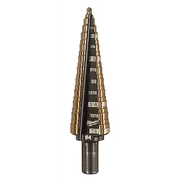 The Milwaukee Cobalt Step Bit #4 features a tapered design with engraving for various hole sizes ranging from 3/16 to 7/8 inches. The durable cobalt construction is ideal for drilling through tough materials. The bit has a hex shank at the base for secure attachment to drills.