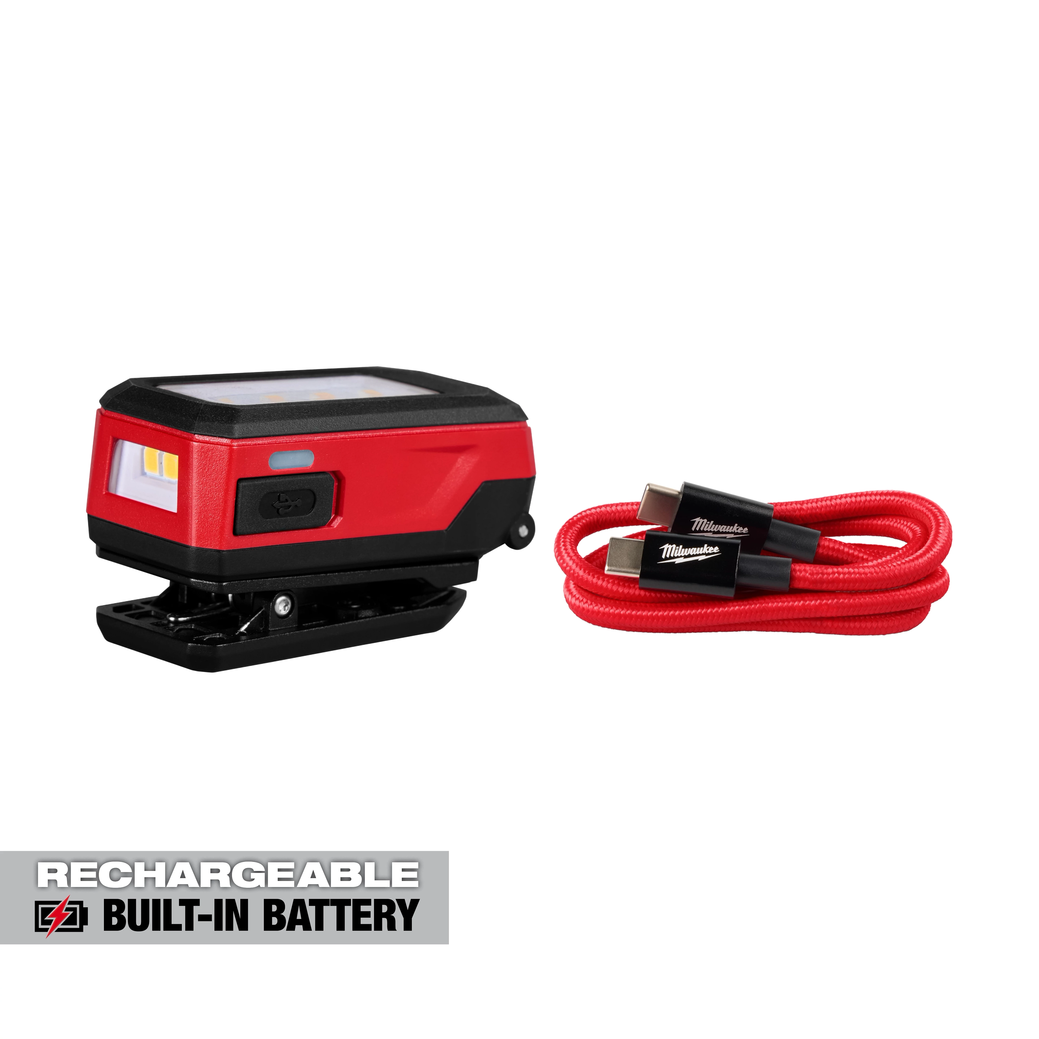 Milwaukee Rechargeable Clip Light with clip base beside a matching USB charging cable on a plain background.