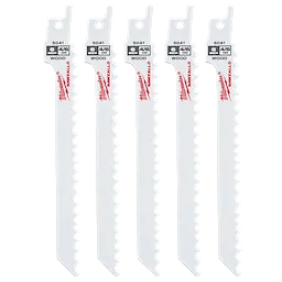 Five white 6" 4/6 TPI SAWZALL® Blades for Wood Scroll (5 PK) are arranged vertically. Each blade has large, evenly-spaced teeth for cutting wood. They display the brand name in red and specifications in black near the top. The package includes five identical blades.