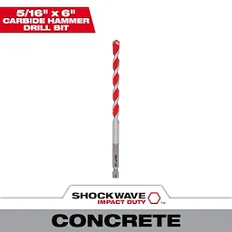 5/16 in. x 6 in. SHOCKWAVE Carbide Hammer Drill Bit for concrete, featuring a red and silver spiral design with a hex shank.