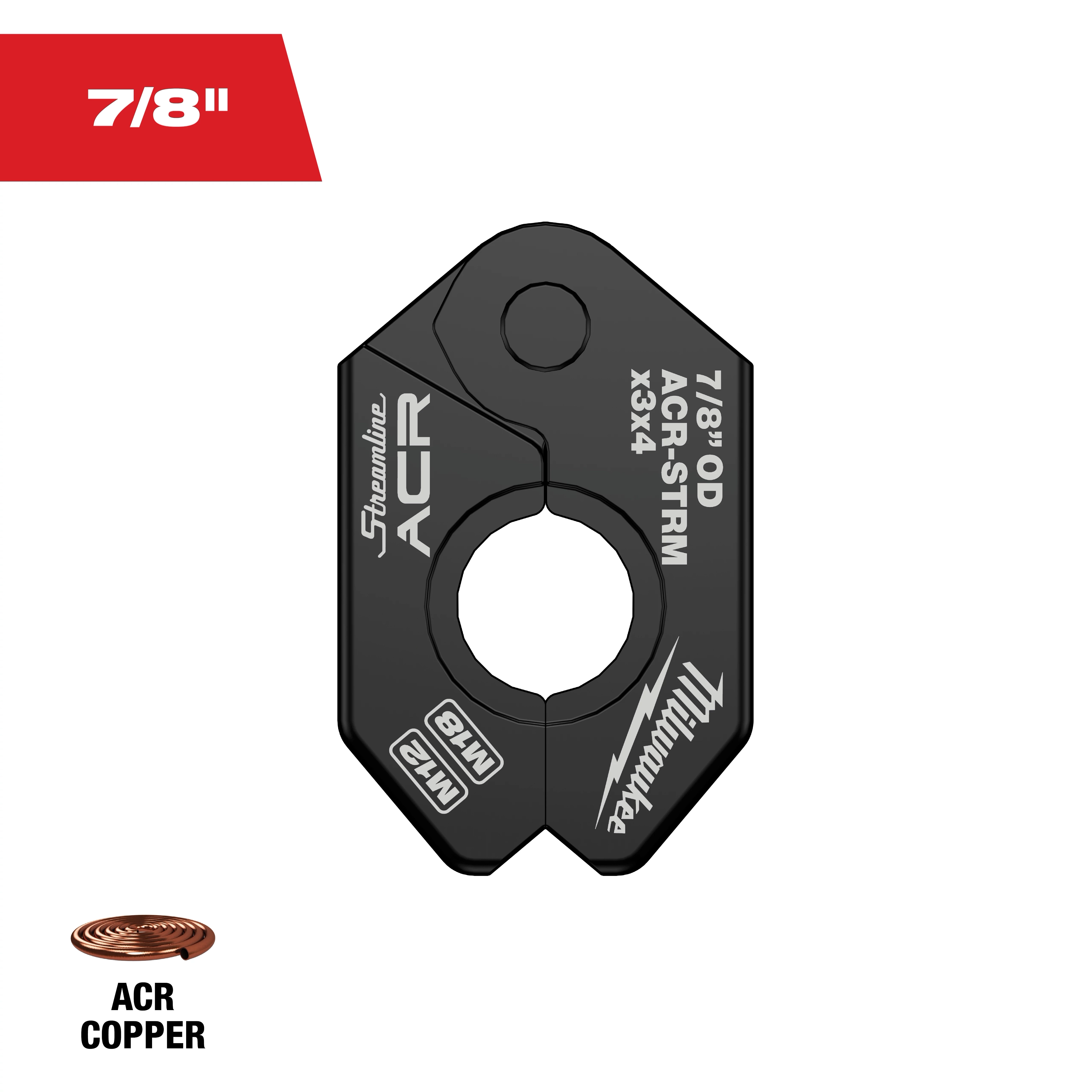 The image shows a 7/8" Streamline® ACR Pivoting Press Ring in black, with labels indicating it is for ACR copper. The ring features a central circular opening and multiple inscriptions around its outer edge, including "Milwaukee" and "M18."
