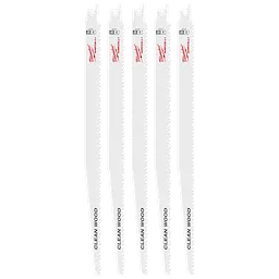 Five 12" 6 TPI Fleam Ground SAWZALL® Blades for Clean Wood are shown. The blades are white with red branding and black text stating "Clean Wood." They are designed for efficiently cutting wood, each with a row of sharp teeth and a standardized mount at the top for compatibility.