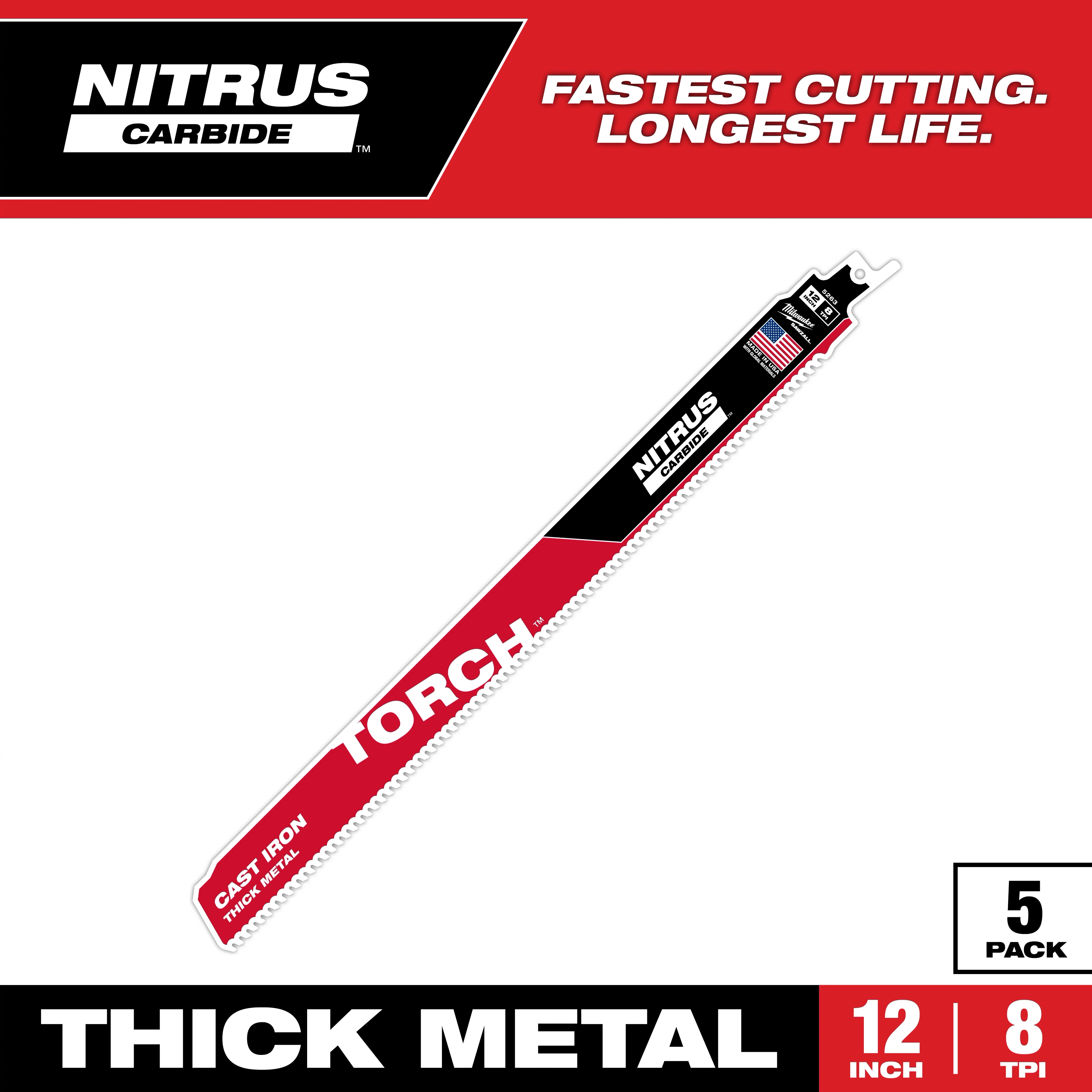 The Nitrus Carbide Torch blade is designed for cutting thick metal, including cast iron. The 12-inch blade, with 8 teeth per inch, comes in a pack of five and promises fast cutting and long life. The blade features a red and black design, highlighting its durability and efficiency.