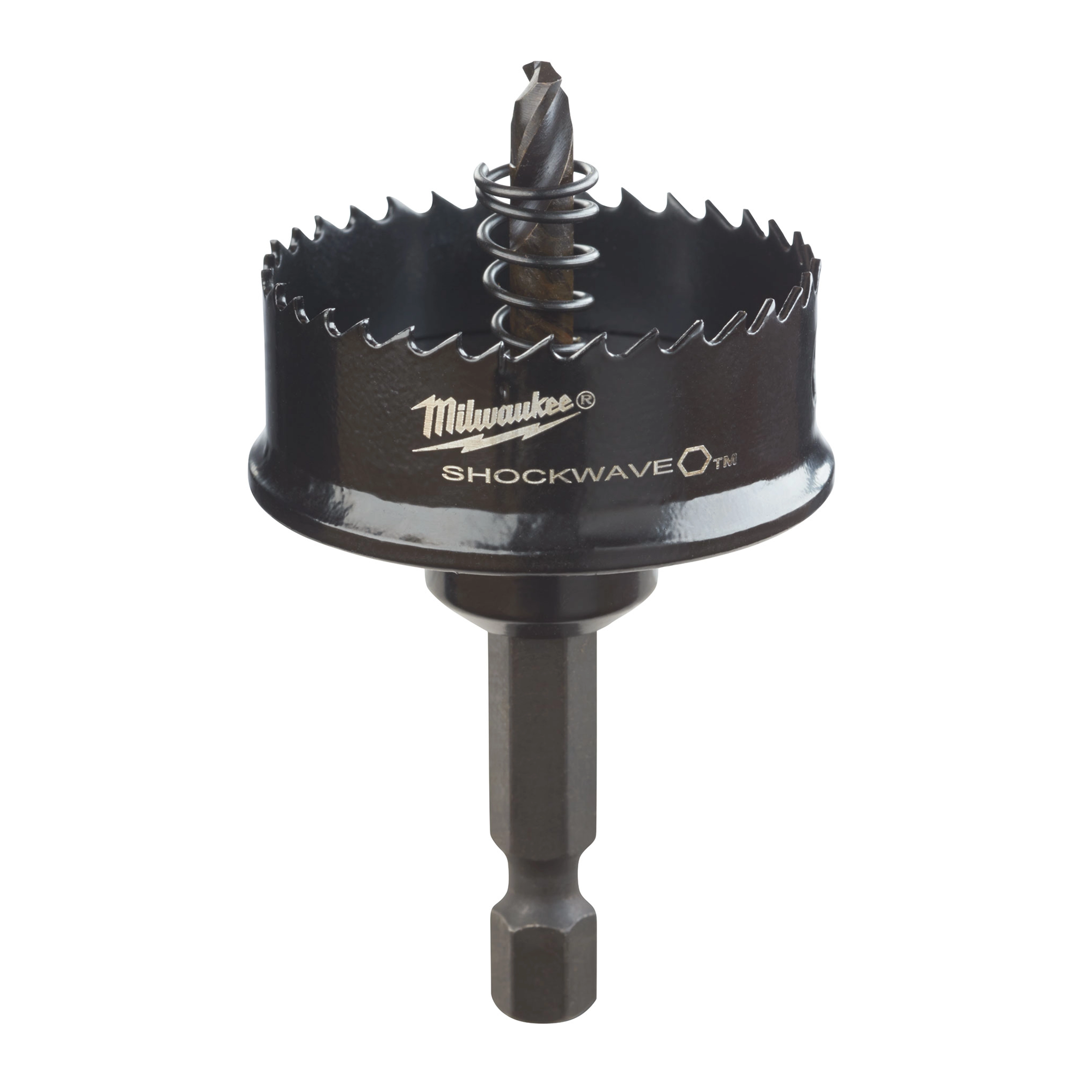Milwaukee Shockwave hole saw with serrated edge and drill bit on a hex shank.