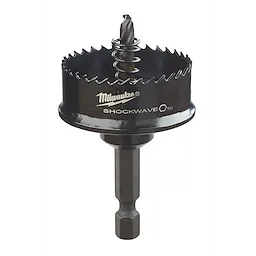 Milwaukee Shockwave hole saw with serrated edge and drill bit on a hex shank.