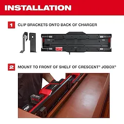 Instructions for installing the M18™ and M12™ Gangbox Rapid Charger show two steps: clip brackets onto the back of the charger and mount it to the front shelf of a Crescent® JOBOX®. The top image displays the brackets and charger, while the bottom image shows the charger mounted in the tool storage shelf.