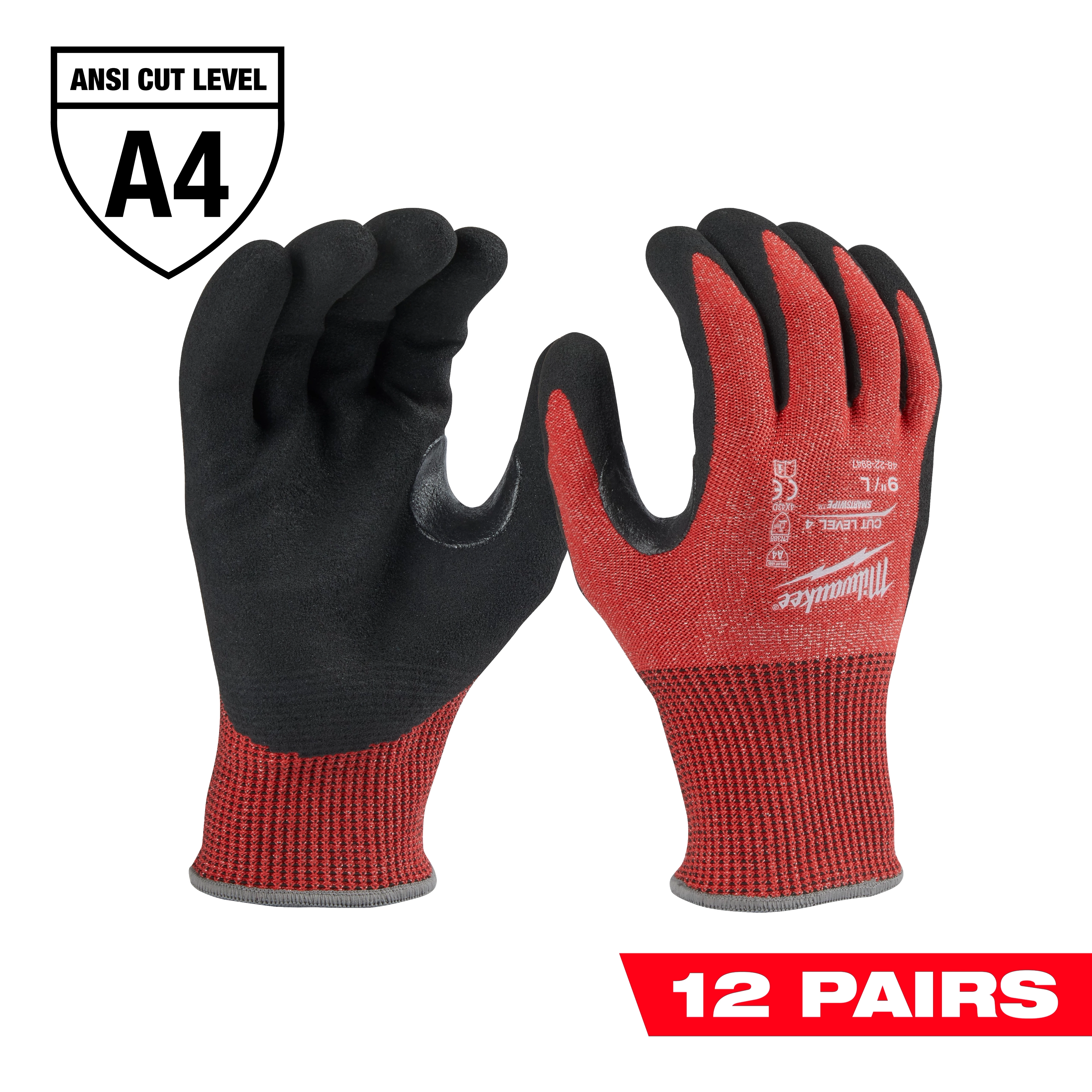 12PK Cut Level 4 Nitrile Dipped Gloves - L in red and black, with ANSI Cut Level A4 rating. Includes 12 pairs.