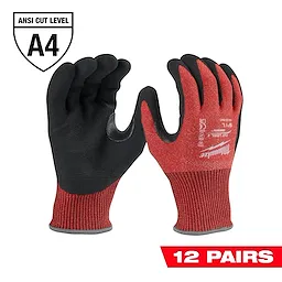 12PK Cut Level 4 Nitrile Dipped Gloves - L in red and black, with ANSI Cut Level A4 rating. Includes 12 pairs.