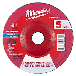 Red and black 5" x 1/4" x 7/8" Performance+ Metal Grinding Wheel - Type 27, 5-pack, for grinding metal and stainless steel.