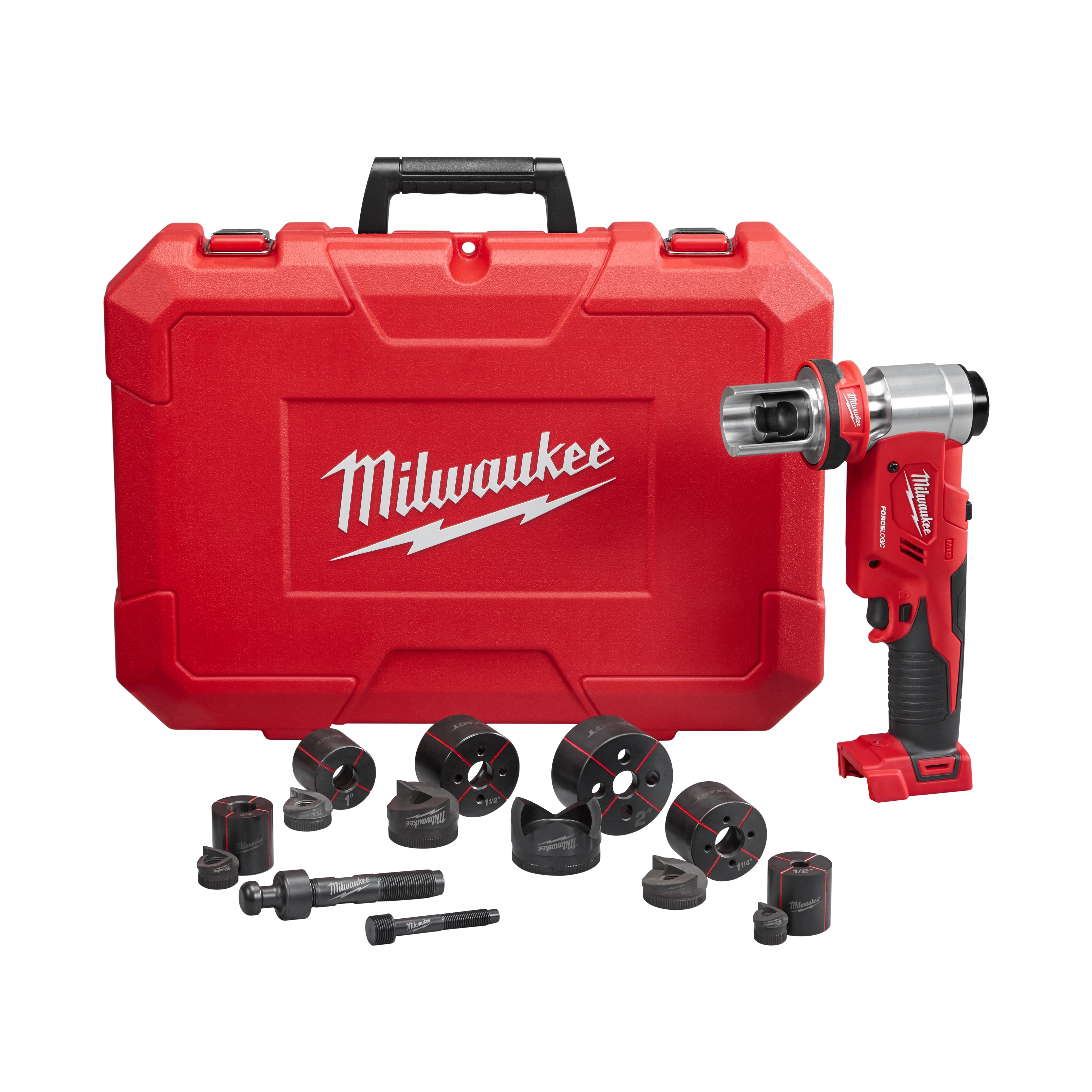 The M18™ FORCE LOGIC™ 6T Knockout Tool 1/2" - 2" w/ Punches & Dies is shown with a red carrying case and several black punches and dies. The tool has a red and black ergonomic design and features a metallic knockout head. The product and case bear the Milwaukee logo.