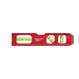 The Metric Compact Billet Torpedo Level is a red level tool featuring three vials and a ruler along the bottom edge.