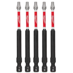 The image shows five SHOCKWAVE™ 3-1/2" Impact TORX® T20 Power Bits (5 PK) from Milwaukee. The bits are black with red and white branding, and the T20 size is marked at the base.