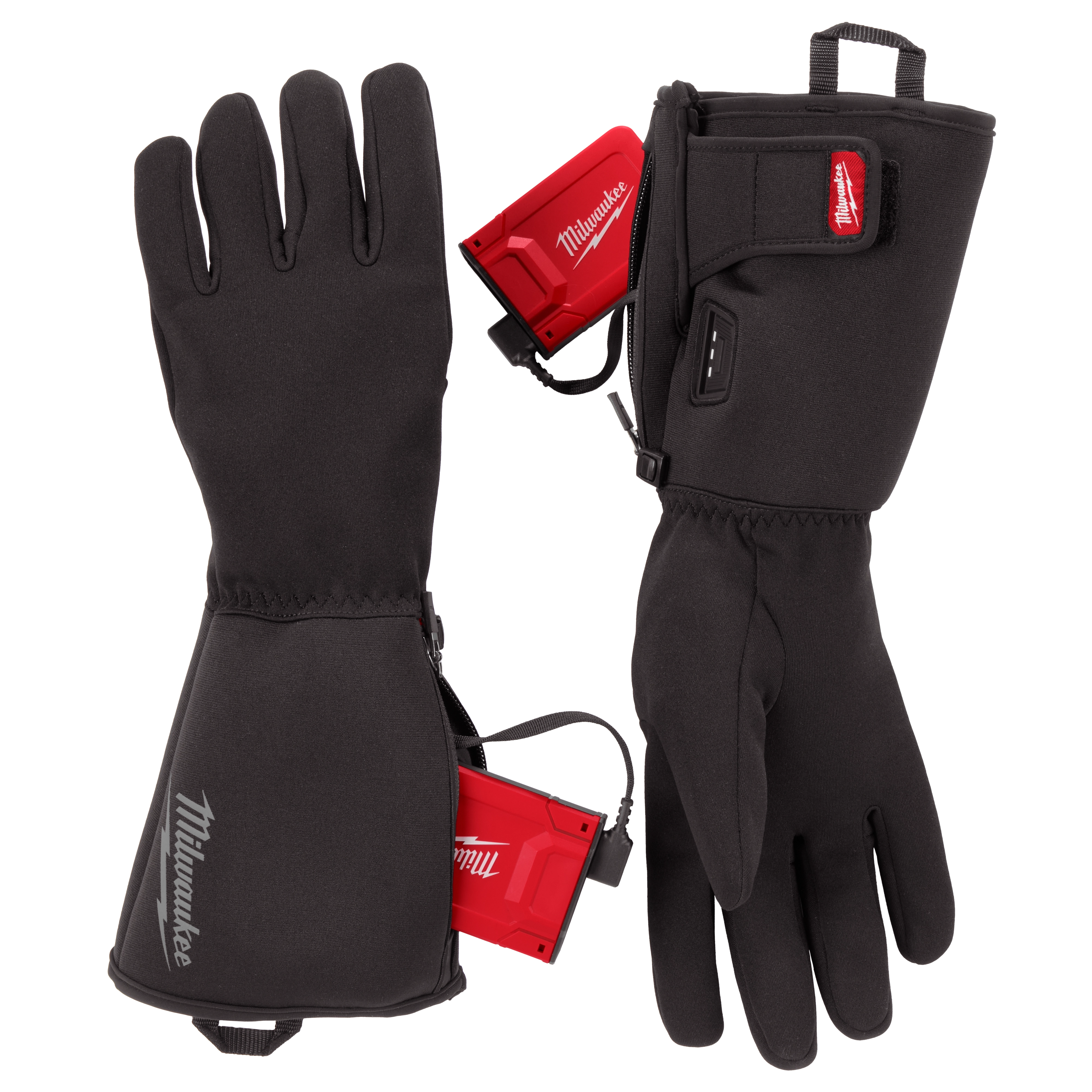 A pair of black Milwaukee heated gloves with long cuffs and attached red battery packs. The front glove features the Milwaukee logo, while the back glove displays a switch for controlling the heat settings. The gloves are designed for warmth and durability in cold conditions.