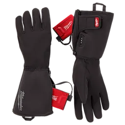 A pair of black Milwaukee heated gloves with long cuffs and attached red battery packs. The front glove features the Milwaukee logo, while the back glove displays a switch for controlling the heat settings. The gloves are designed for warmth and durability in cold conditions.