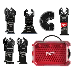 MILWAUKEE® OPEN-LOK™ Multi-Tool Blade Variety Kit 9PC includes various blades for multi-material, titanium, hardwood, wood, and extreme metal cutting. A bright red and clear plastic storage case with a Milwaukee logo is also shown. The kit provides a comprehensive selection for different cutting needs.