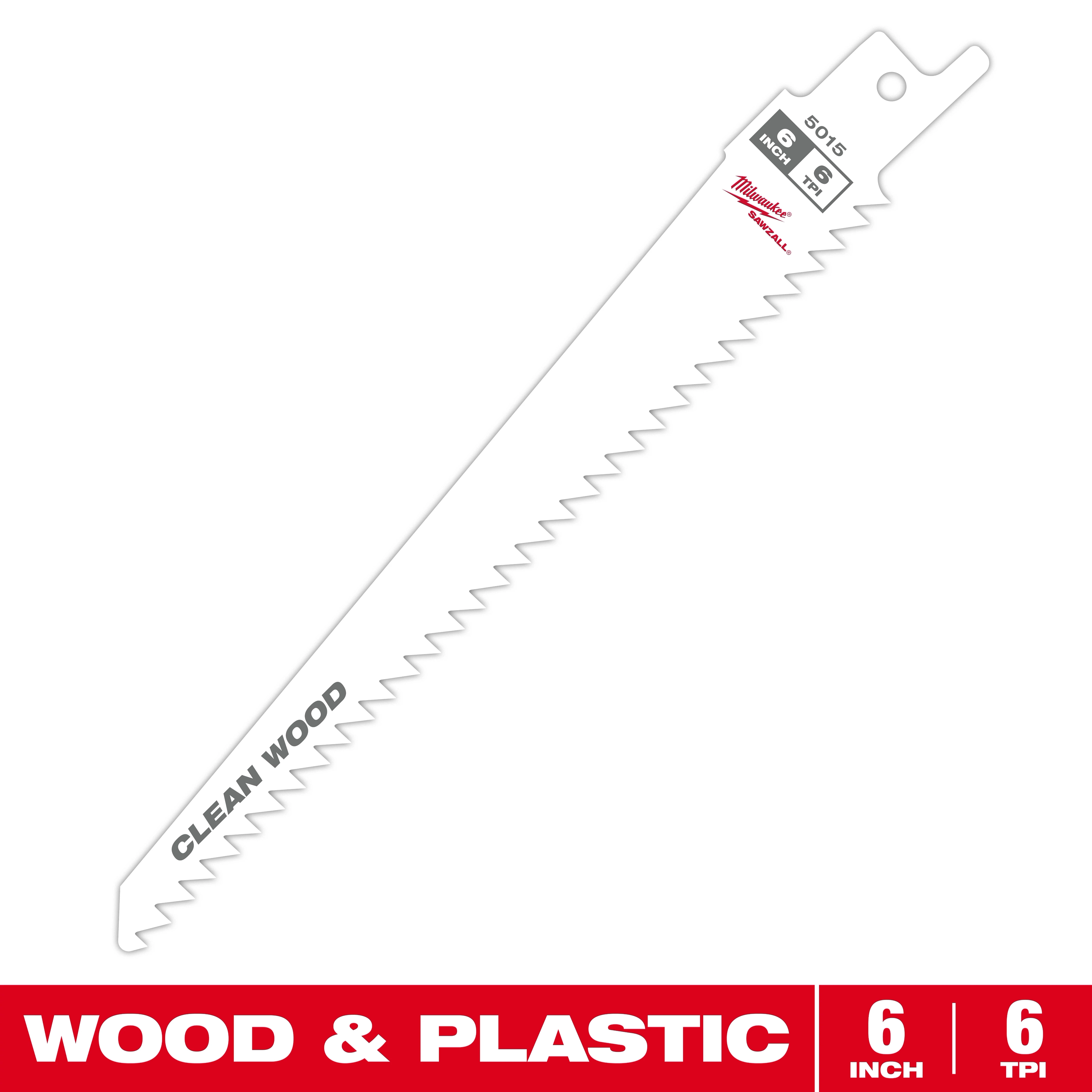 The Milwaukee Clean Wood reciprocating saw blade is designed for cutting wood and plastic. It measures 6 inches in length and has 6 teeth per inch (TPI). The blade features a white background with text detailing its specifications and uses.