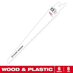 The Milwaukee Clean Wood reciprocating saw blade is designed for cutting wood and plastic. It measures 6 inches in length and has 6 teeth per inch (TPI). The blade features a white background with text detailing its specifications and uses.