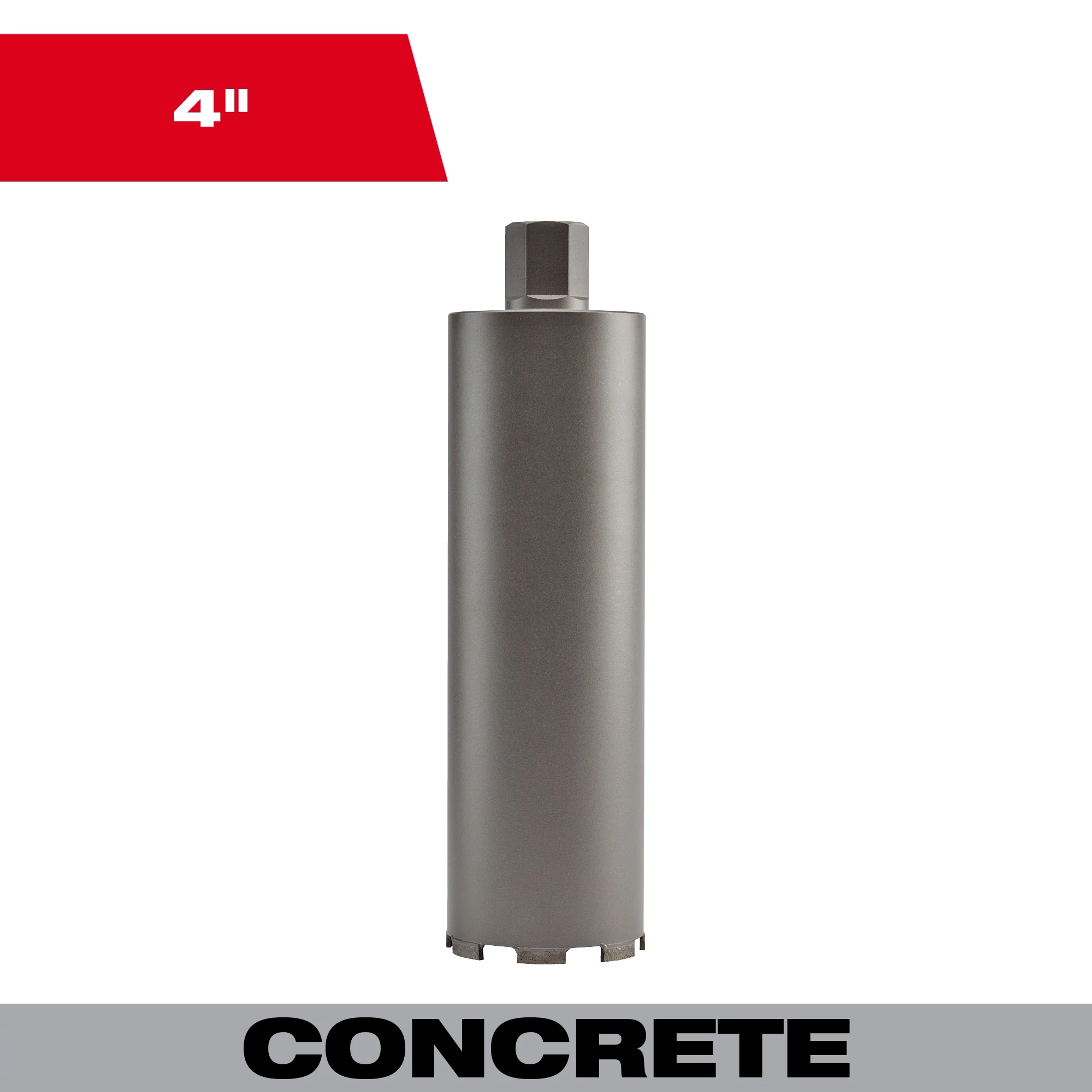 4" Diamond Ultra Dry Core Bit for drilling into concrete, shown in a vertical position. Red label with "4" at the top.