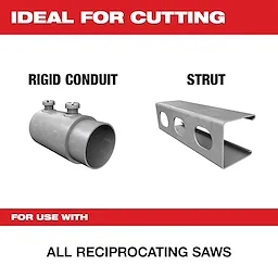 An advertisement highlighting that Diablo products are ideal for cutting rigid conduit and strut. The text emphasizes their compatibility with all reciprocating saws.