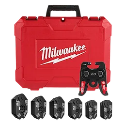 The 1/4" - 7/8" RLS® Pivoting Press Ring Kit for M18™ FORCE LOGIC™ Press Tool includes a red carrying case and six black press rings of varying sizes. The Milwaukee logo is prominently displayed on the case.