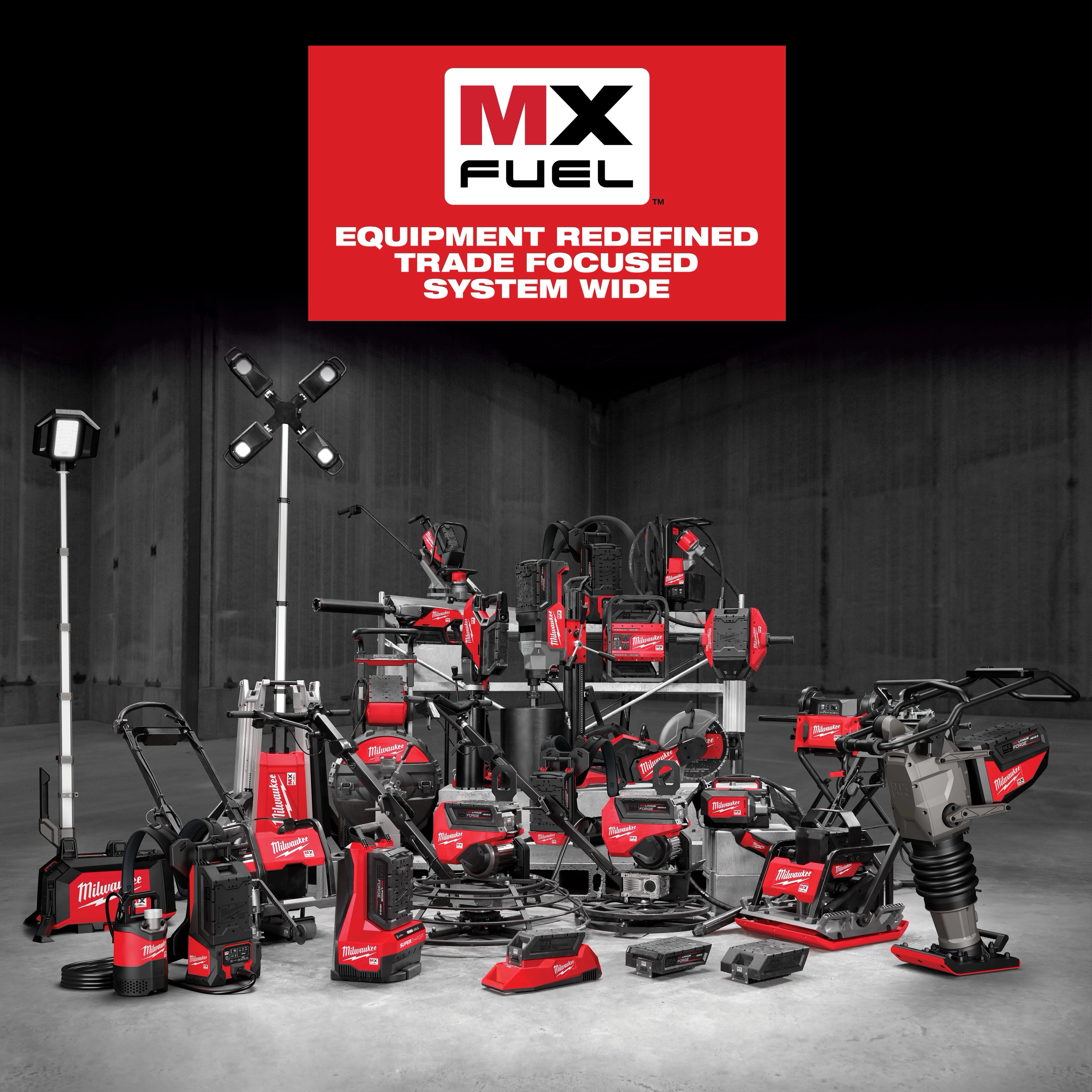 Various red and black Milwaukee MX FUEL power tools displayed with a sign above reading, "Equipment Redefined, Trade Focused, System Wide."