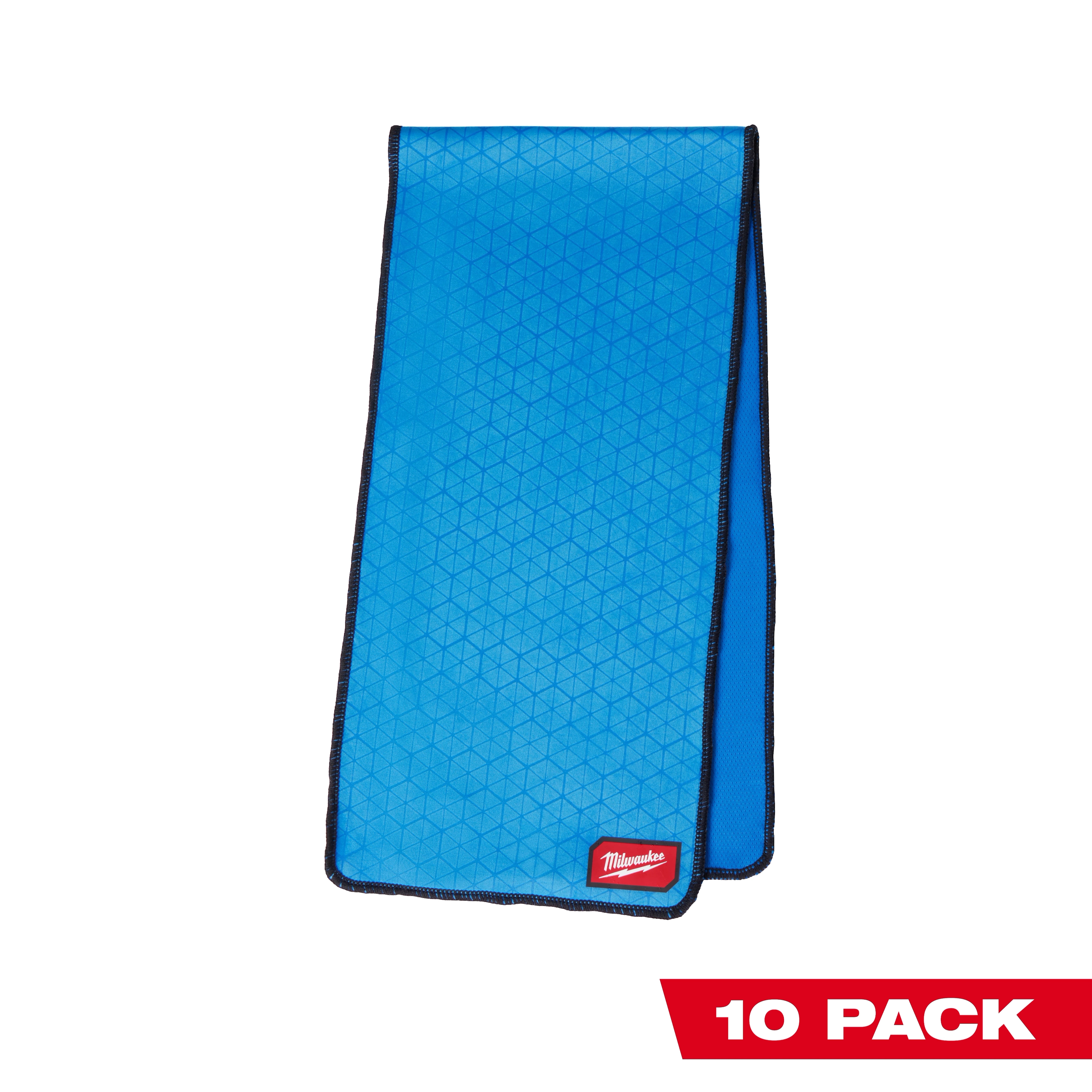 Blue Cooling Towel with geometric pattern and black trim, featuring a red logo tag; available in a 10 pack.