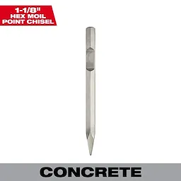 1-1/8 in. x 16 in. Steel Hex Moil Point Chisel designed for concrete work. Silver with a hexagonal shape and pointed tip.