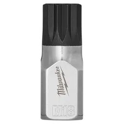 The image shows a 3/8" Drive 18mm Triple Square Bit Socket. It features a metallic body with a black bit and has "Milwaukee" and "M18" inscribed on its side.