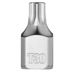 The 1/4" Drive T30 Low-Profile TORX Bit Socket is a metal tool designed for use with T30 TORX screws. It features a shiny, silver finish and a compact, low-profile design, ideal for tight spaces. The socket is labeled with "T30" for easy identification.