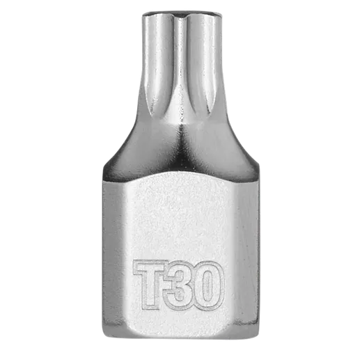 The 1/4" Drive T30 Low-Profile TORX Bit Socket is a metal tool designed for use with T30 TORX screws. It features a shiny, silver finish and a compact, low-profile design, ideal for tight spaces. The socket is labeled with "T30" for easy identification.