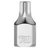 The 1/4" Drive T30 Low-Profile TORX Bit Socket is a metal tool designed for use with T30 TORX screws. It features a shiny, silver finish and a compact, low-profile design, ideal for tight spaces. The socket is labeled with "T30" for easy identification.