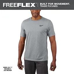 The Hybrid Work Tee - Short Sleeve - Gray Primary Image shows a man wearing a gray short-sleeve shirt with a crew neck.