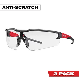 Safety Glasses with Anti-Scratch Lenses in a 3 Pack. Clear lenses in a black and red frame. Text reads "ANTI-SCRATCH" and "3 PACK."
