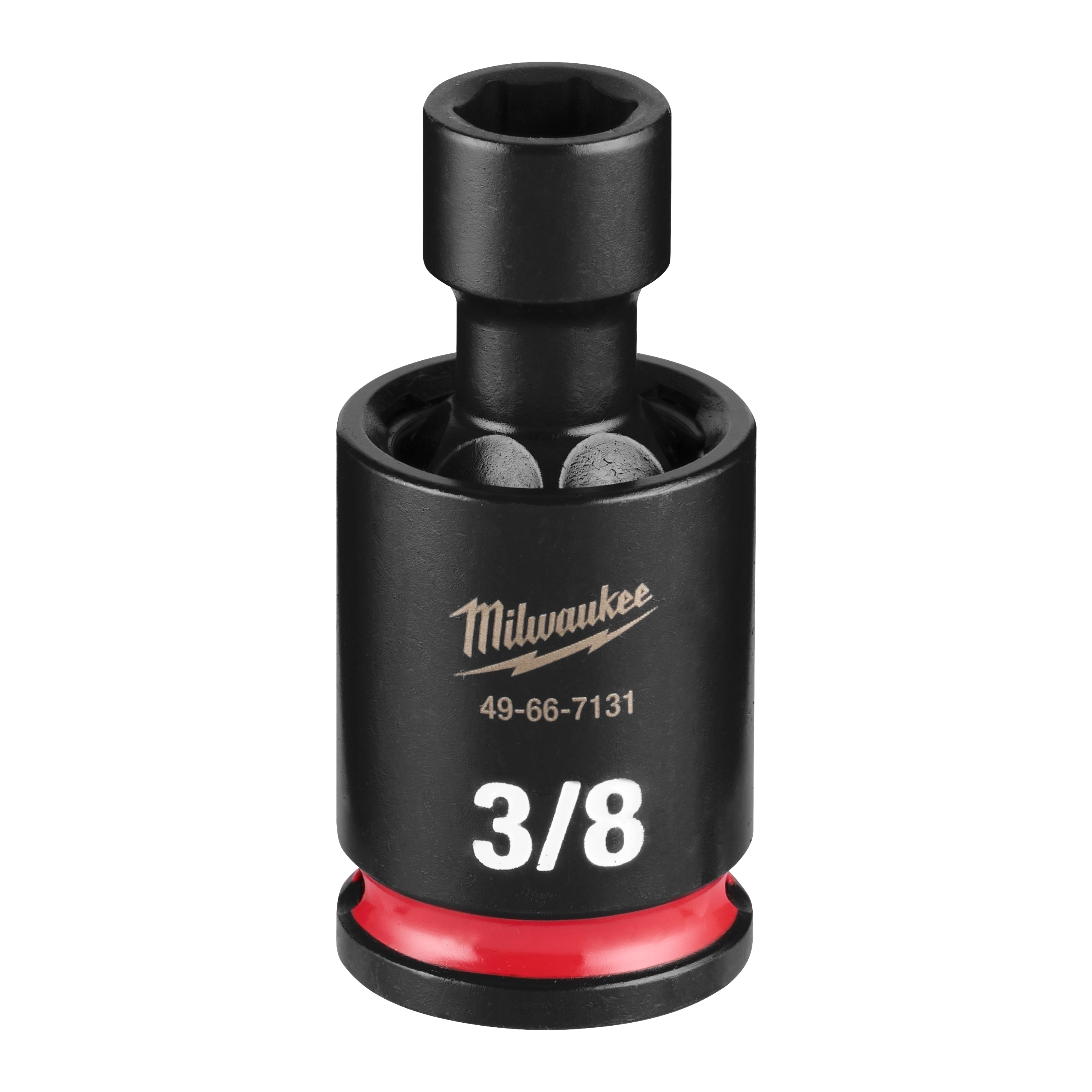 Black SHOCKWAVE Impact Duty 3/8" Drive 3/8" Standard Swivel Socket with white 3/8 text and red ring base.
