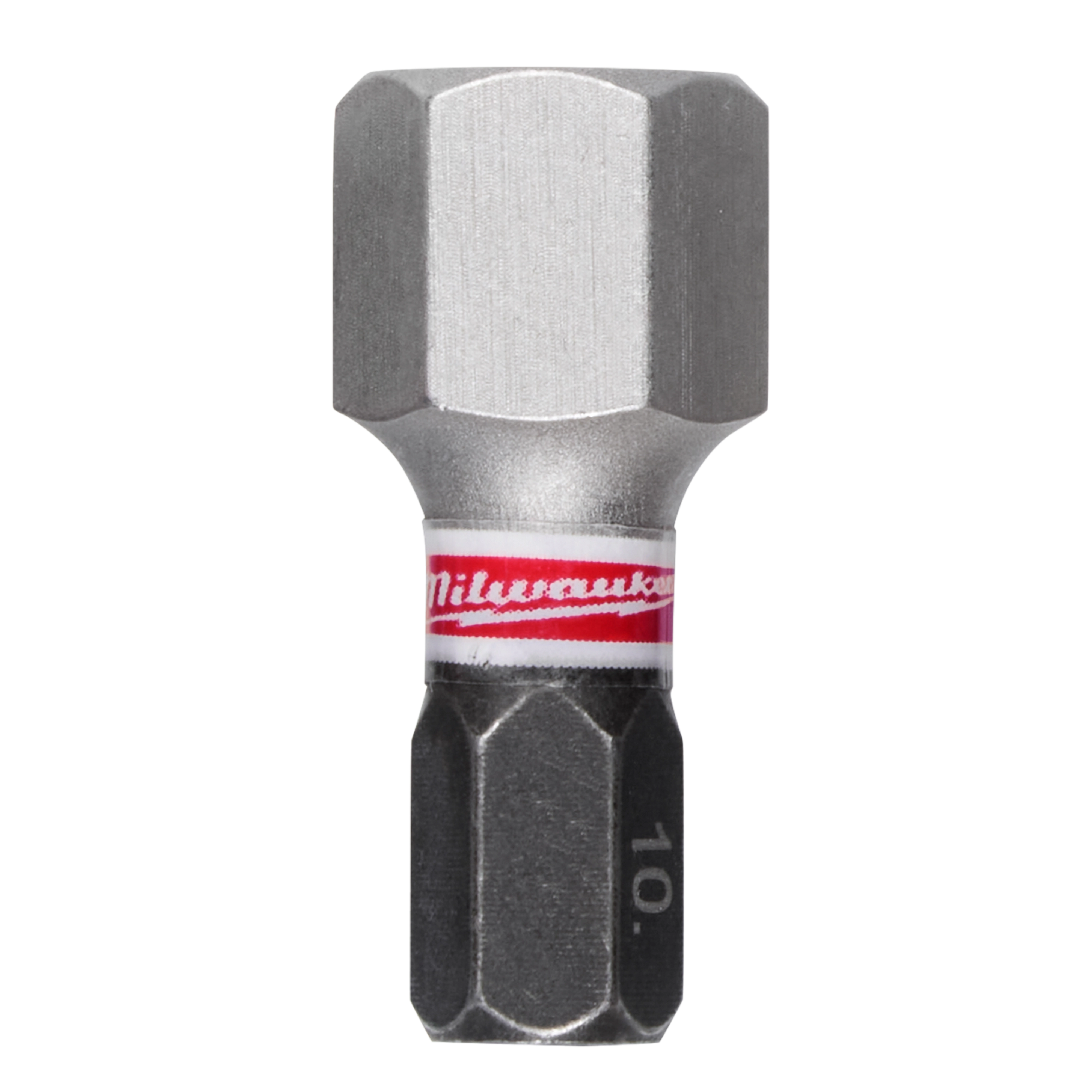 Image of a single SHOCKWAVE™ 1" Impact Duty Hex 10 MM Insert Bit from Bulk 25. The bit is metallic with a hexagonal shape and has a visible red Milwaukee logo on a white band towards the middle.